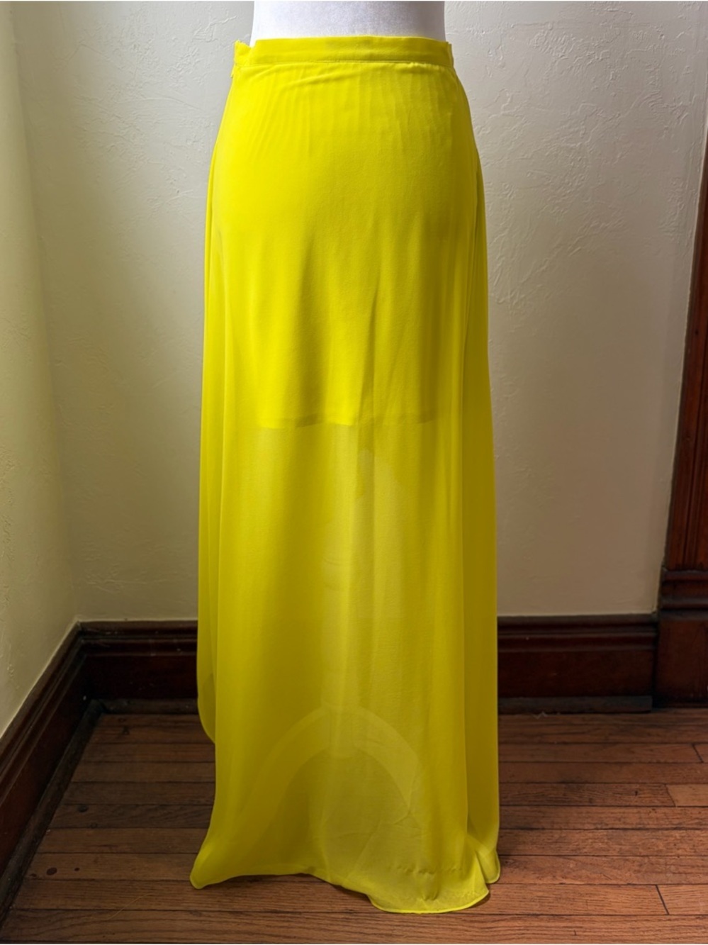 Bebe Neon Yellow Asymmetrical Maxi Skirt Sheer Overlay High Low Size 6 - Picture 7 of 10